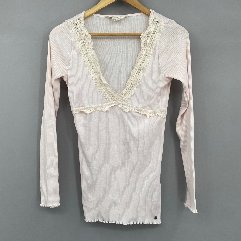 Y2K Denim & Supply Ralph Lauren Lace Trim Ribbed Babydoll Top Women L Soft Pink